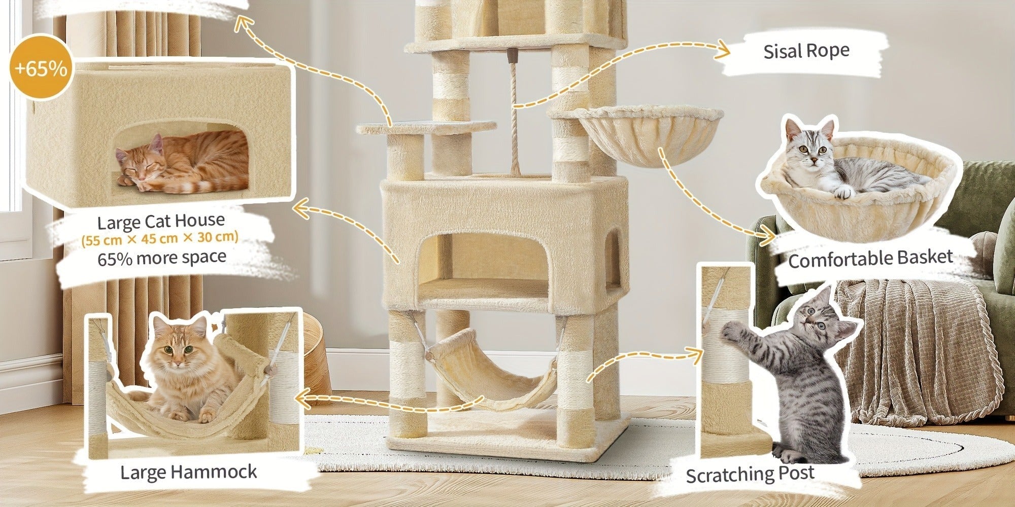 Árbol para Gatos, 176cm, Tamaño XL con 3 Plataformas, 2 Cuevas, 7 Postes Rascadores, Hamaca y Pelota de Felpa – Ideal para Familias de Gatos en Gris Claro/Gris Oscuro Beige, Torre de Escalada para Mascotas, Enriquecimiento Felino, Árbol Ahorra Espacio, Mu
