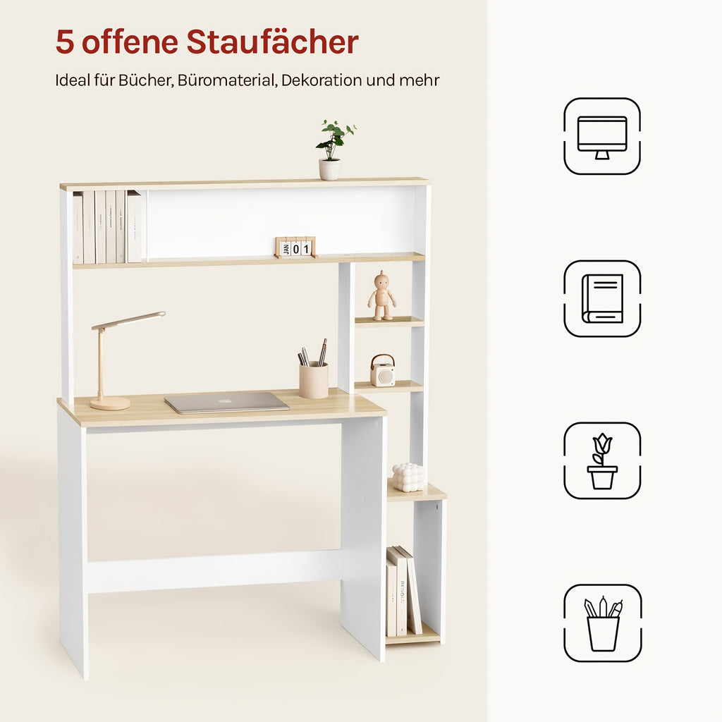 Escritorio | 1pc Escritorio de Oficina, Mesa para Computadora con Estantes, Estantería de 5 Niveles, Roble Blanco, Mesa de Juegos con Espacio de