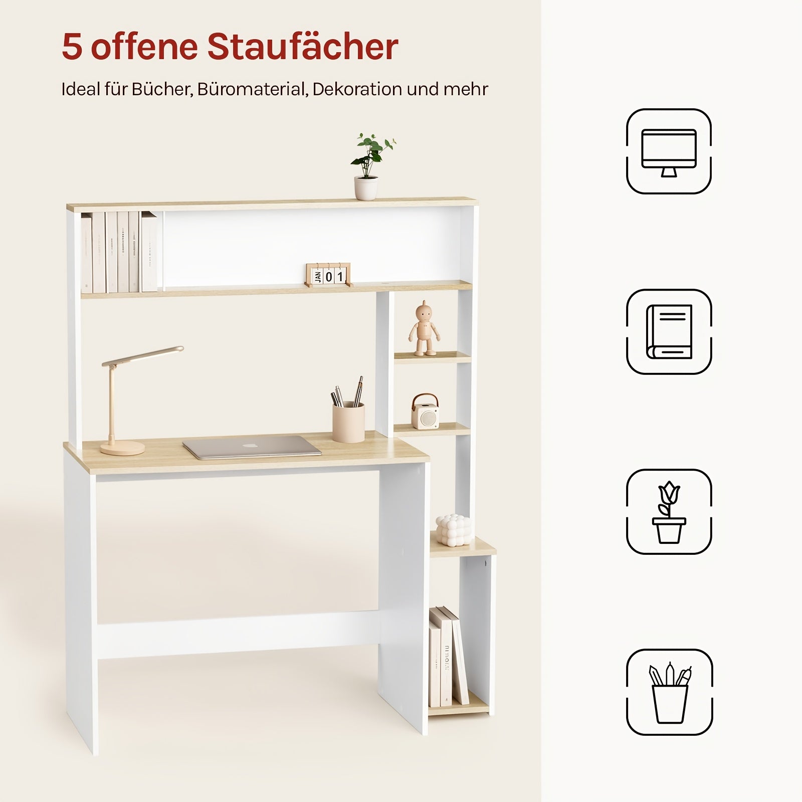 Escritorio | 1pc Escritorio de Oficina, Mesa para Computadora con Estantes, Estantería de 5 Niveles, Roble Blanco, Mesa de Juegos con Espacio de