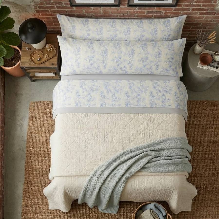 Juego de cama de tres piezas apto para todas las estaciones, que incluye una sábana, una sábana ajustable y fundas de almohada. Medidas: 90 cm, 105 cm, 135 cm, 150 cm y 180 cm.