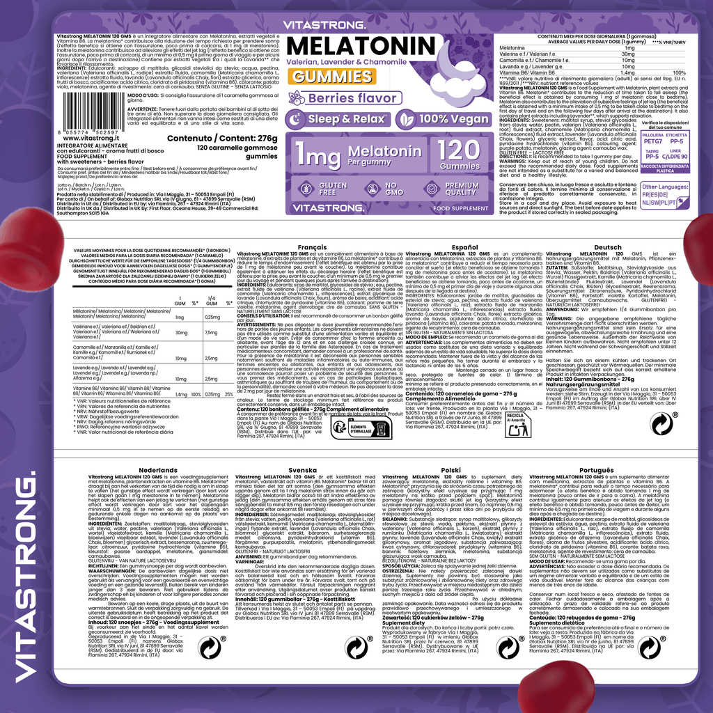 Melatonina Vegan Vitastrong en Gomitas, 120 Gomitas de 1 Mg (1 por Día, Suministro para 4 Meses), Sin Sacarosa, Sin Gluten, Sabor a Frutas Rojas, con Valeriana, Lavanda, Manzanilla y Vitamina B6