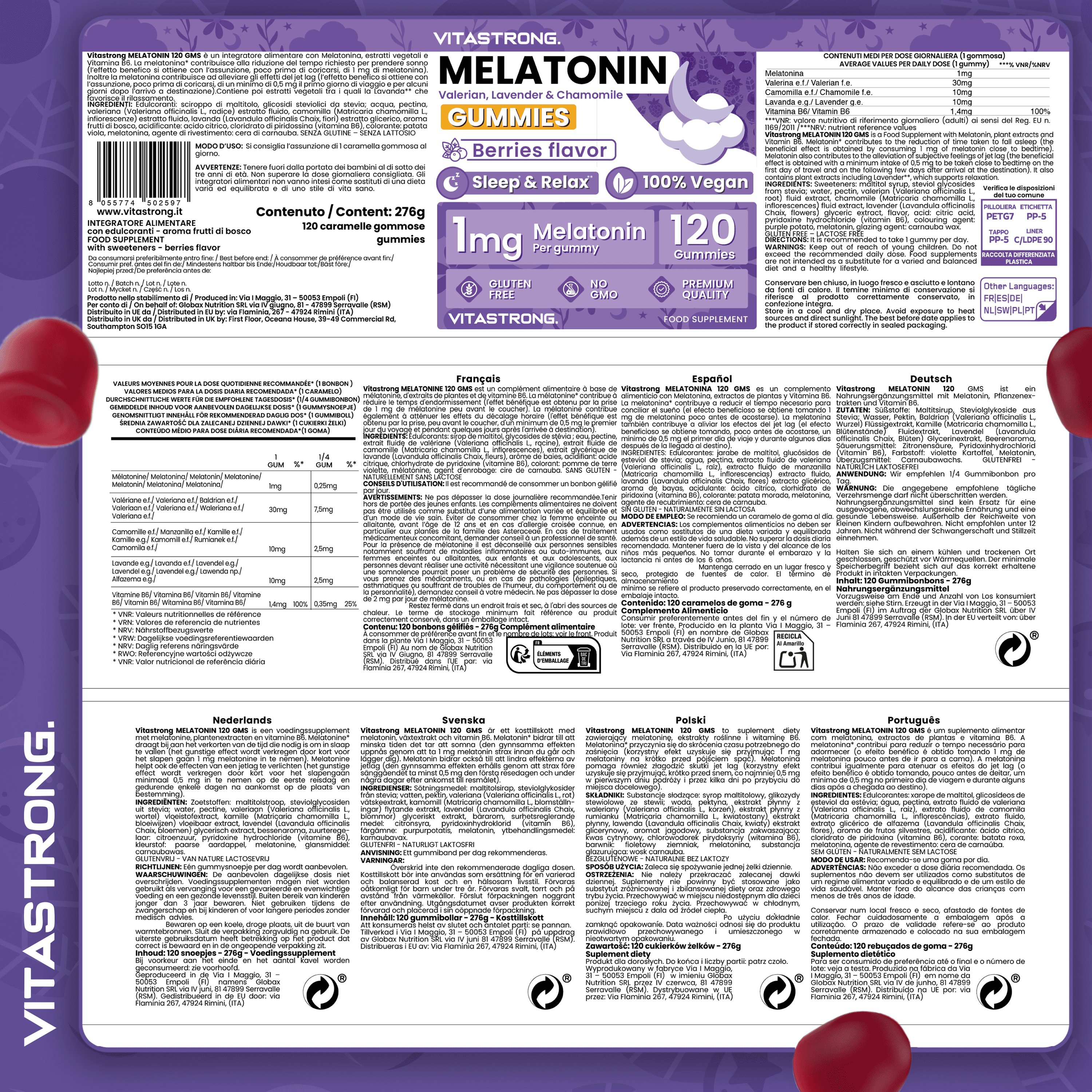 Melatonina Vegan Vitastrong en Gomitas, 120 Gomitas de 1 Mg (1 por Día, Suministro para 4 Meses), Sin Sacarosa, Sin Gluten, Sabor a Frutas Rojas, con Valeriana, Lavanda, Manzanilla y Vitamina B6