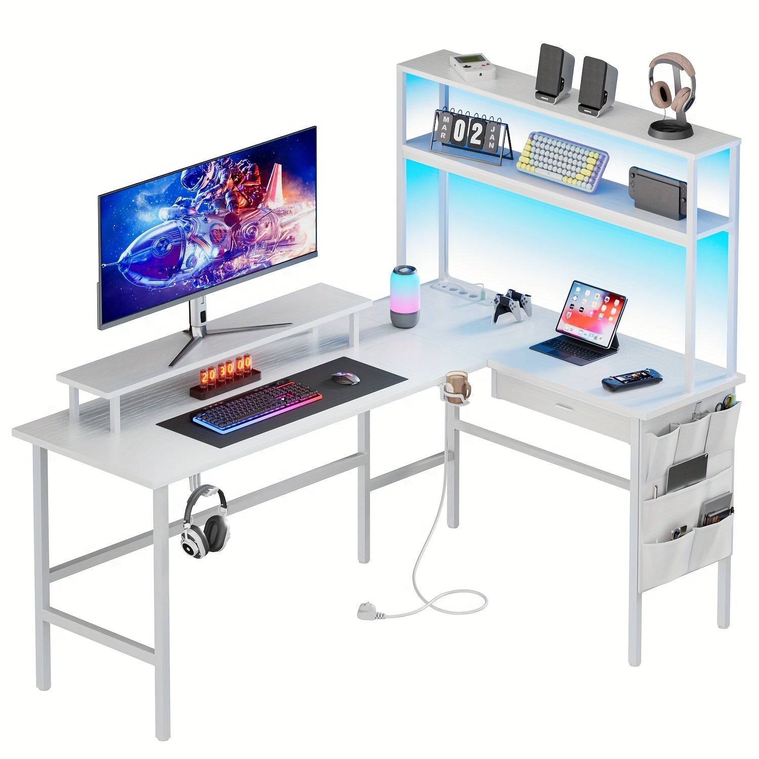Escritorio Gaming en Forma de L con Luz LED y Toma de Corriente - Escritorio para Gamers, Escritorio Reversible para Computadora de 59/67 Pulgadas con Estantes de Almacenamiento y Cajón y Bolsa, Mesa de Juego de Esquina con Soporte para Monitor, Oficina e