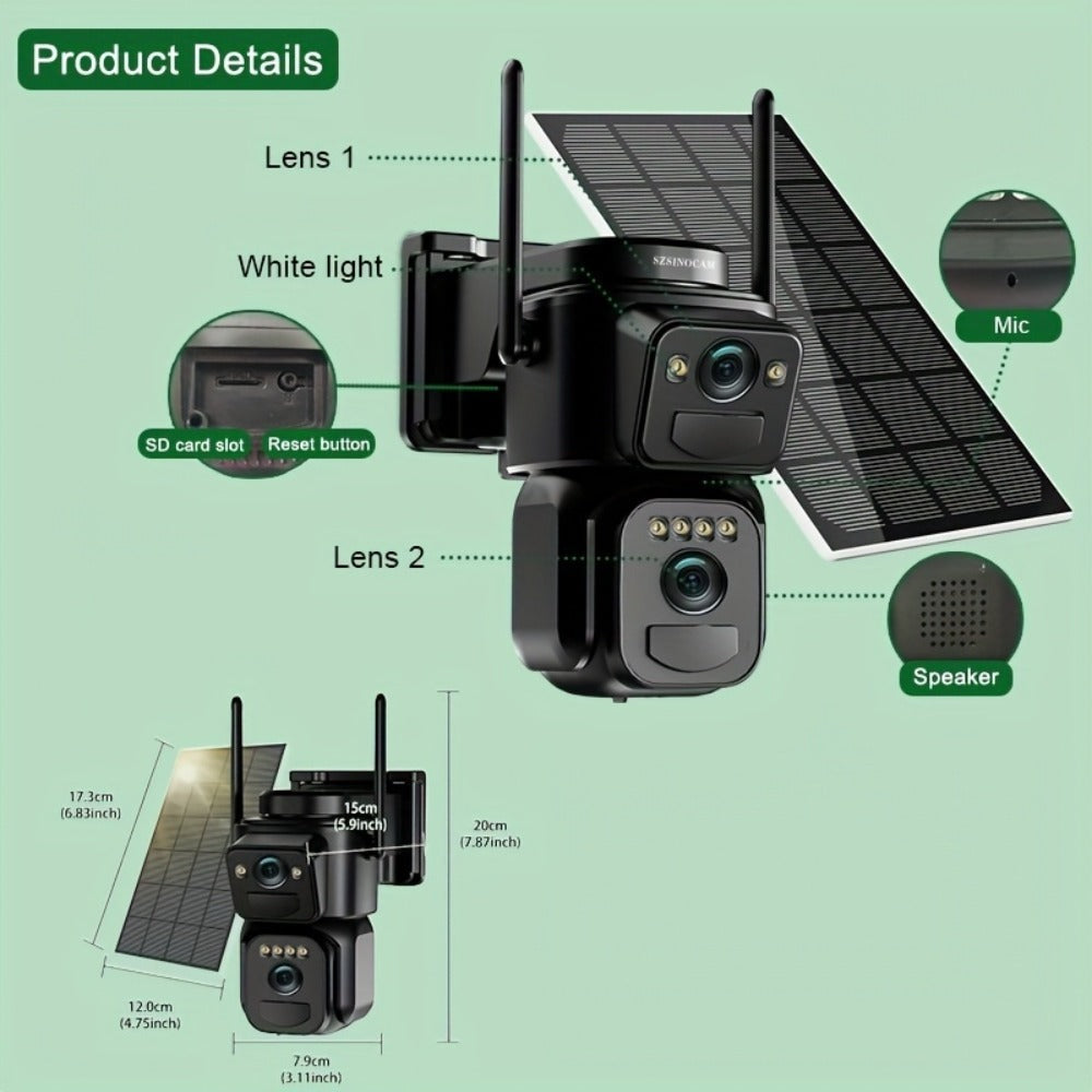1pc [8x Zoom] WiFi CCTV, Nueva Lente Dual 2025 – PTZ + Cobertura Fija – Baby Monitor, Montaje en Techo/Mástil, 360° Smart Automático Seguimiento Humano, Listo para Granjas y Familias, Sin Zonas Ciegas – 2 Lentes al Precio de 1, Cámara de Seguridad Solar W