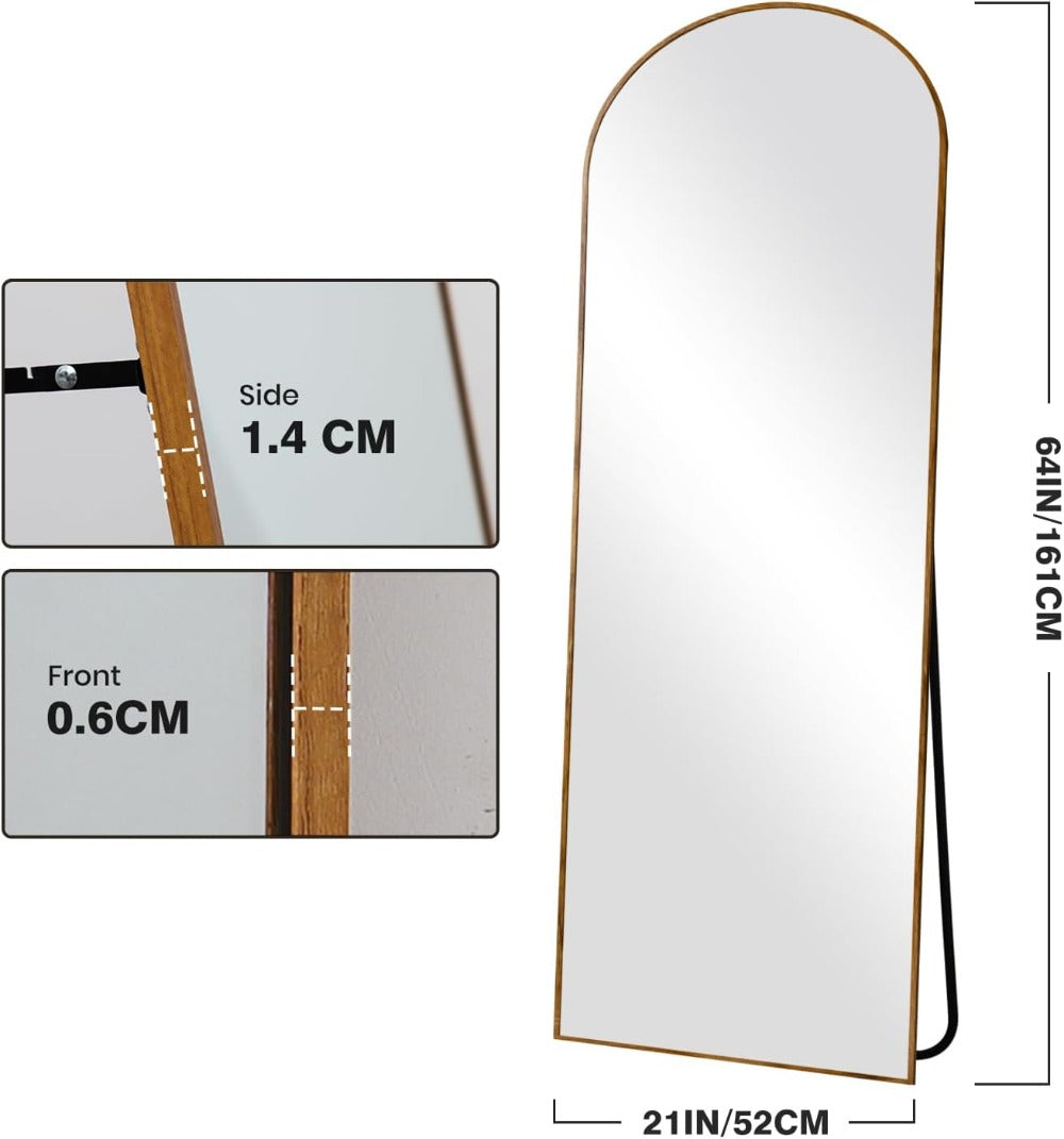 Melodieux Espejo arqueado de 161 X 52 cm con aspecto de madera de nogal y marco de aluminio, espejo de maquillaje de longitud completa independiente para colgar o montar en la pared para el baño