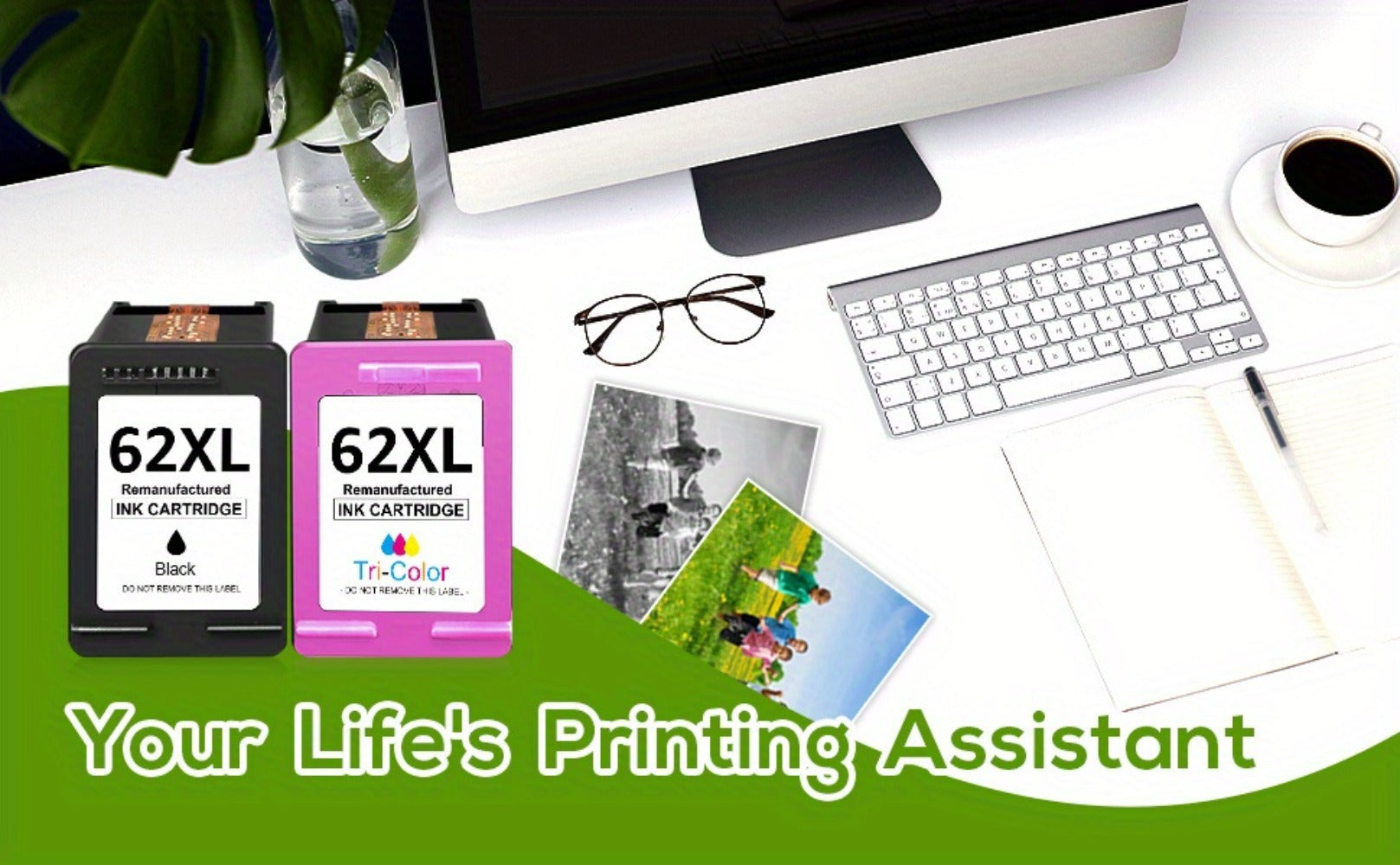 Pack de 2 Cartuchos 62XL 62 XL Multipack Compatibles para Impresoras HP 62, para Envy 5540 5544 5545 5548 5640 5646 7640 OfficeJet 200 5740 5742 5744 (Color )