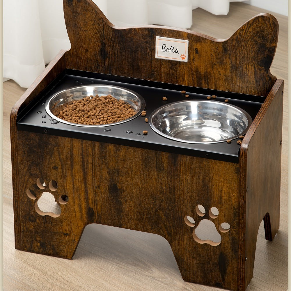 Comedero Elevado para Mascotas con Dos Tazas de Acero Inoxidable, Diseñado para Evitar Derrames, Apto para Perros de Todo Tamaño, con un Diseño Vintage Marrón y Negro