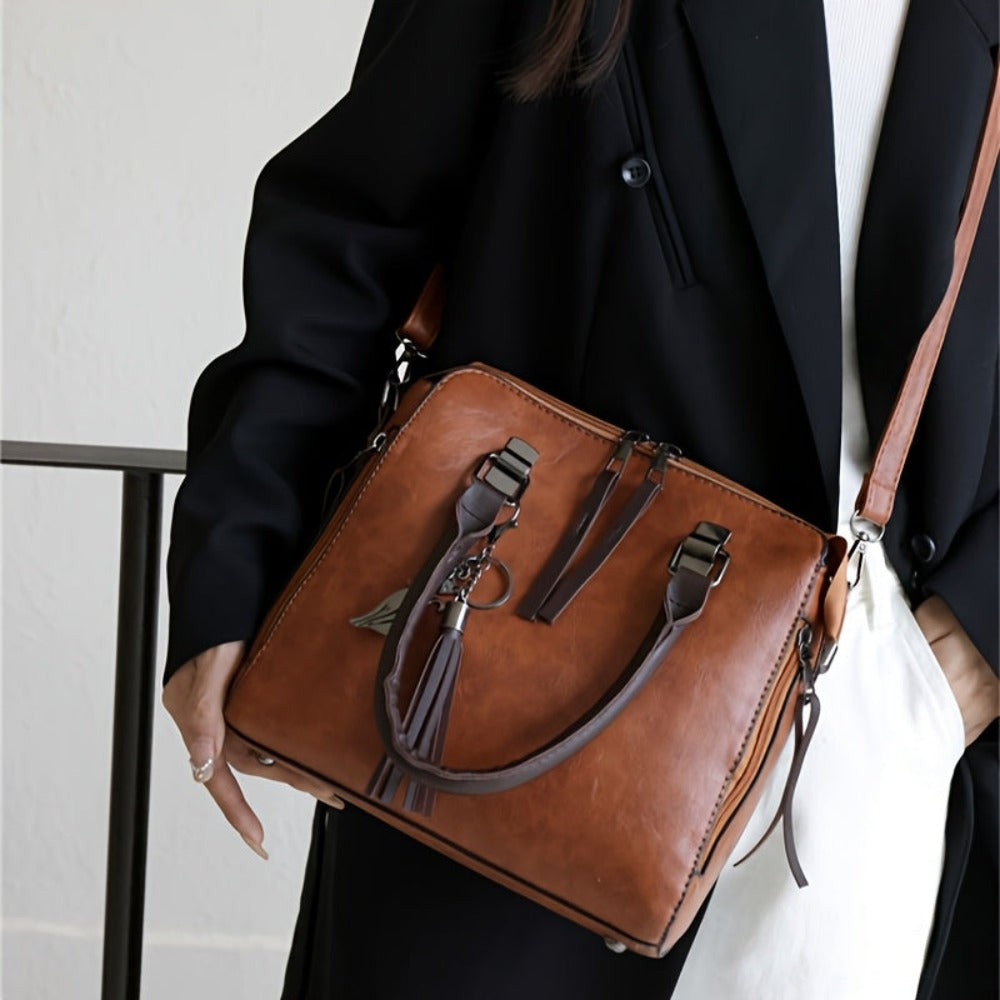 Conjunto de 4 piezas de bolsos para mujer, moderno y versátil, incluye bolso tote retro, bolso cruzado de hombro, bolso de mano, billetera, bolso tote grande de PU con cera de aceite, borlas, ideal para el día a día, viajes y como regalo