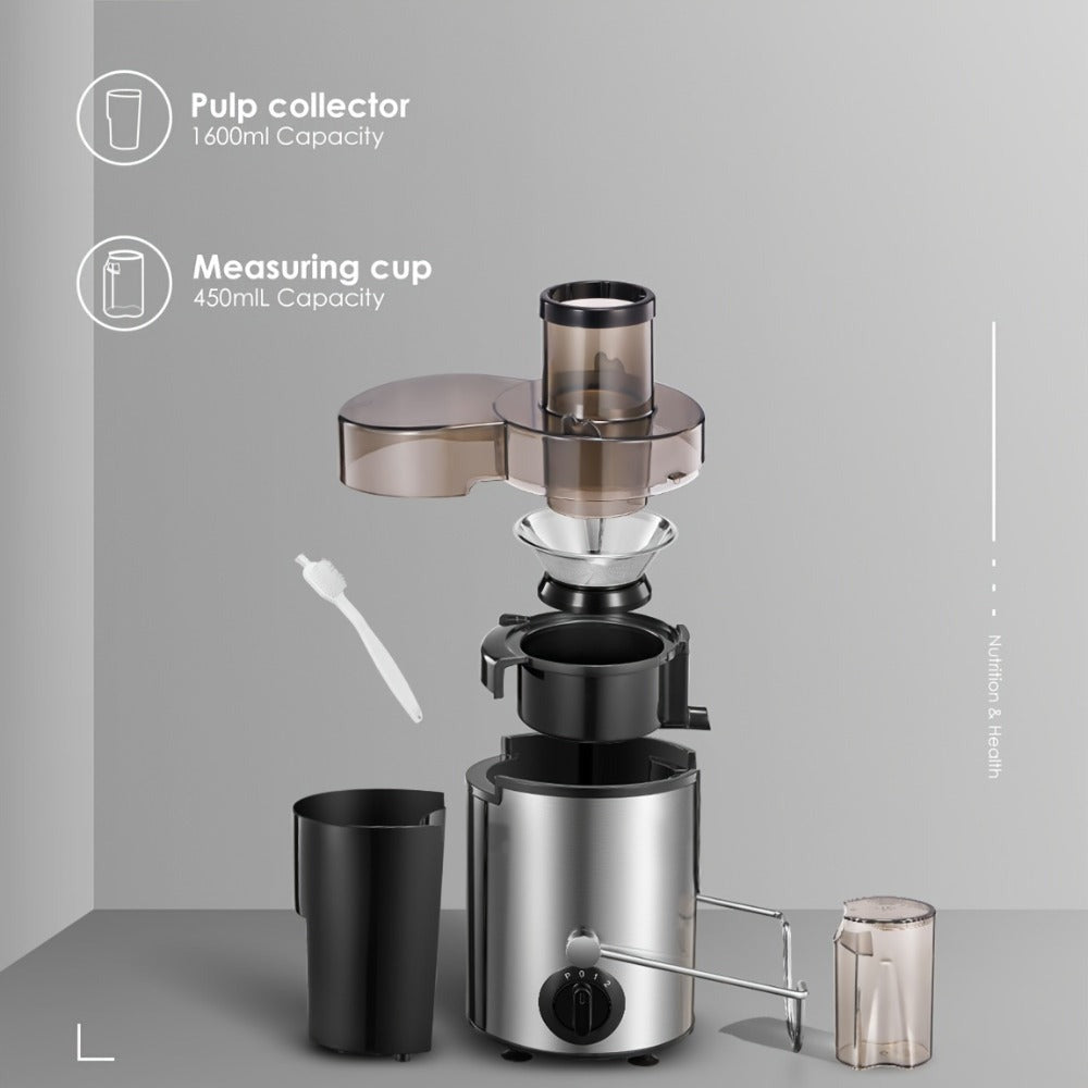 Licuadora de 400W con un gran conducto de alimentación para frutas y verduras enteras, fácil de limpiar, diseño centrífugo de acero inoxidable, base antideslizante, extremo plateado