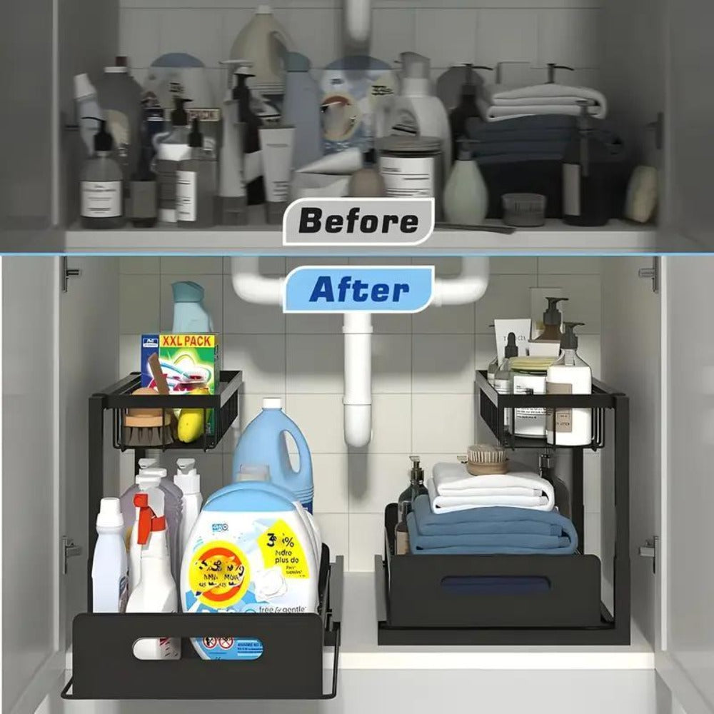 2 estantes metálicos para fregadero, estantes de almacenamiento de gabinete de 2 pisos con cajones deslizantes, gabinetes de almacenamiento extraíbles para fregadero, cocina, baño, despensa, estantes multiusos para fregadero, organizadores debajo del freg