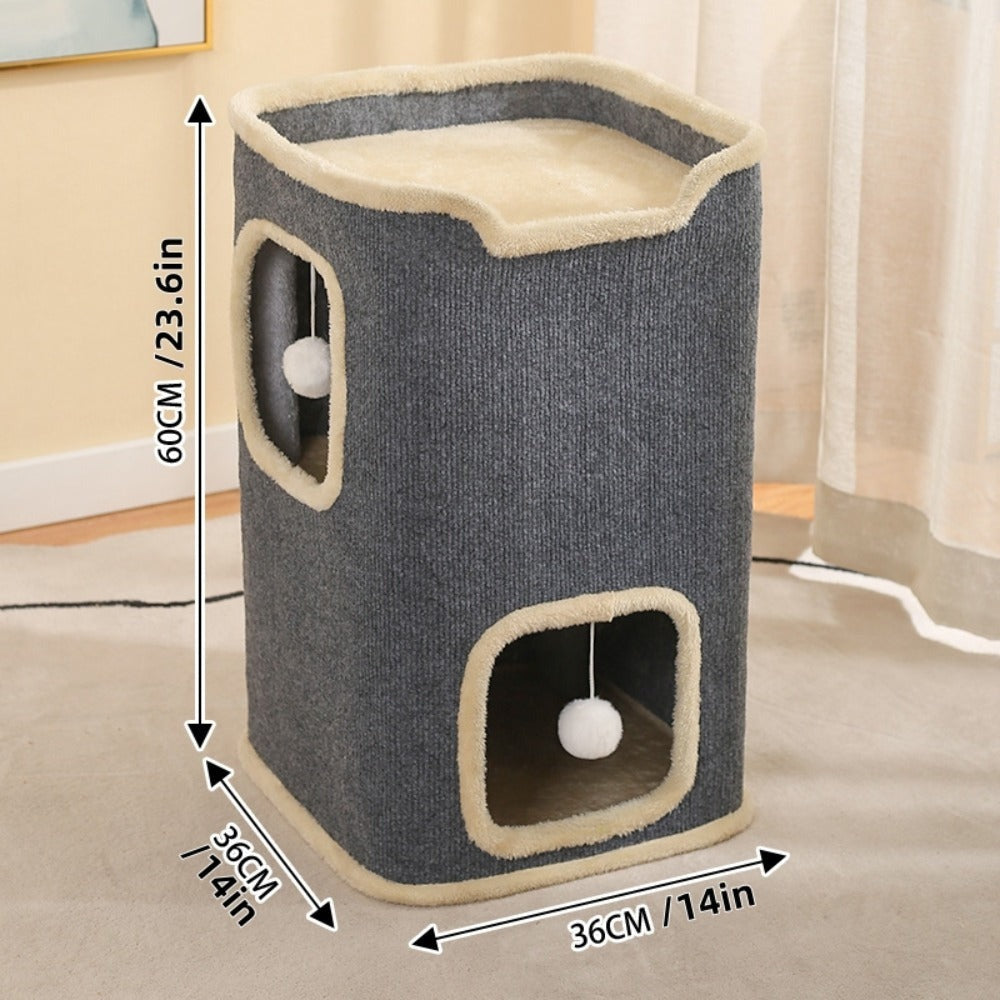 Nido Felino de Dos Niveles, Cueva Interior para Gatos, Túnel para Gatos con Alfombra Rascadora y Cubo Escondido, Adorable Condominio Contemporáneo para Gatos, Muebles Adecuados para Varios Gatitos, Diseño Expandible