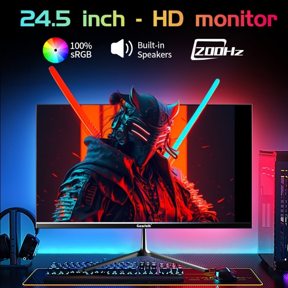 Monitor Gaming Gawfolk de 24.5 pulgadas, Panel Plano, Tasa de Refresco de 200Hz, Full HD 1080P, Pantalla PC, Panel IPS, Diseño sin Bordes, Tecnología Freesync, Soporte Panel VA, Conectividad HDTV y Displayport, Compatible con Montaje en Pared VESA 75X75