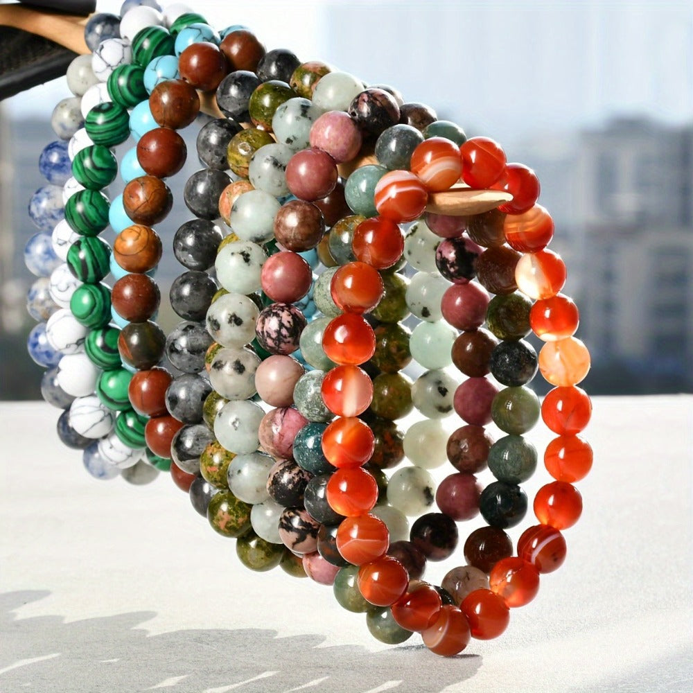 20 pulseras de piedra natural, pulseras de cuentas de piedra artificial de color aleatorio para mujeres y hombres, pulseras elásticas de cuentas redondas de 8 mm, pulseras naturales, regalo de cumpleaños, pulseras para mujer, pulseras para hombre, regalos