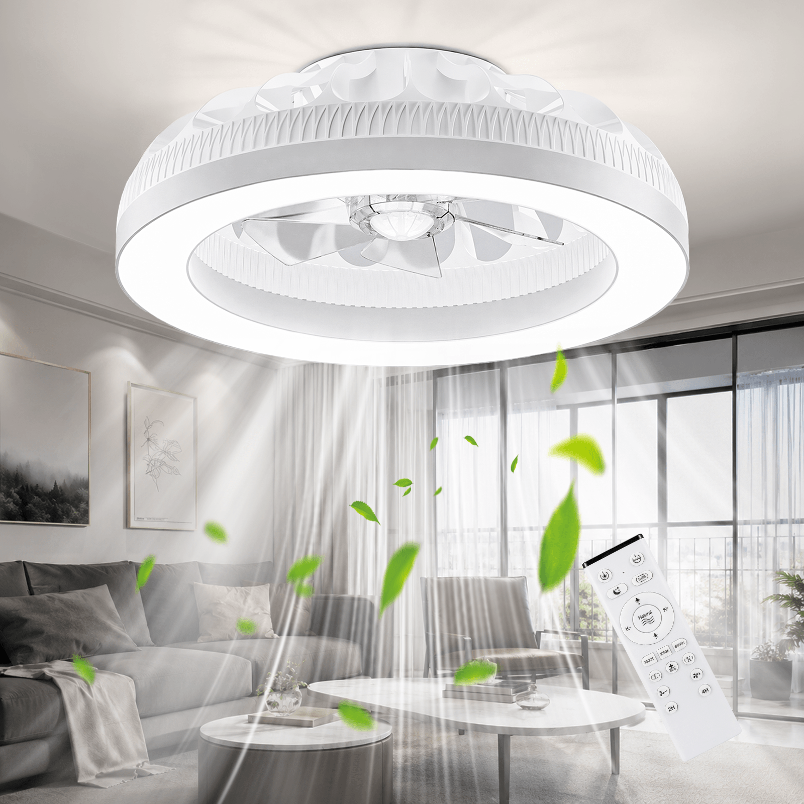 Ventilador de techo Ateroll con iluminación, diámetro 46 cm, ventilador de techo RGB con luz y control remoto, 6 niveles de viento, 3000 K - 6500 K, LED regulable, temporizador silencioso, luz de techo con ventilador para dormitorio, sala de estar