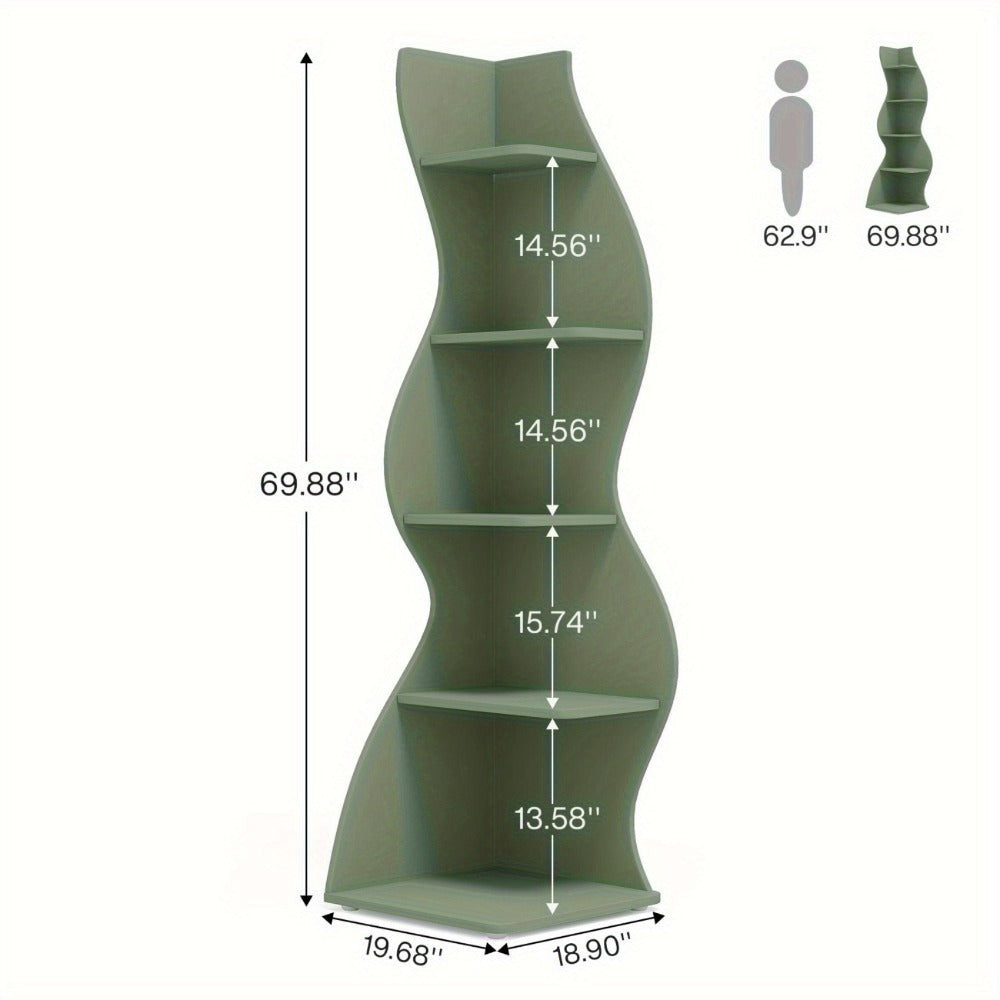 Estantería de esquina ondulada de 5 niveles | Librero moderno y curvo, soporte único para plantas y exhibidor, organizador de almacenamiento que ahorra espacio para la sala de estar, verde, material de madera, independiente, requiere ensamblaje