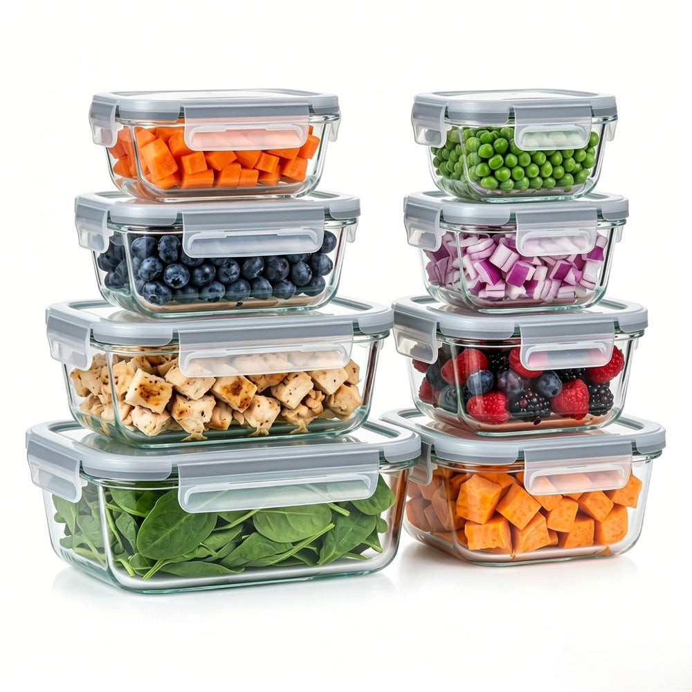 Paquete de 8 recipientes de vidrio para almacenar alimentos con tapas herméticas, recipientes de vidrio para preparar comidas, para almuerzo de oficina, aptos para microondas, horno, congelador y lavavajillas