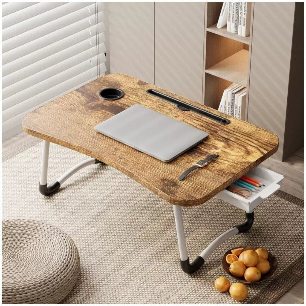Mesa plegable multifunción para cama y sofá con portavasos, 60×40×28 cm, mesa auxiliar con atril para leer en la cama, bandeja multifunción para ordenador, libros, trabajo y estudio en casa (con cajón / sin cajón)