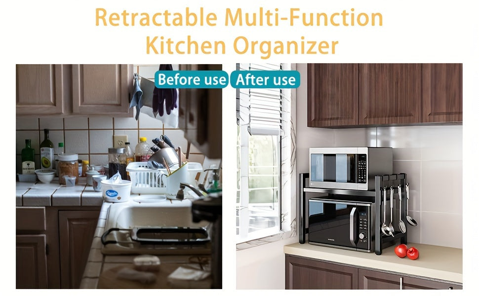 Estante Extensible para Microondas de 2 Niveles con 5 Ganchos, Soporte para Tabla de Cortar y 3 Toallas, Organizador de Cocina, Estante para Hornear en Microondas para Encimeras, Extensible de 40-64 cm (, Blanco)