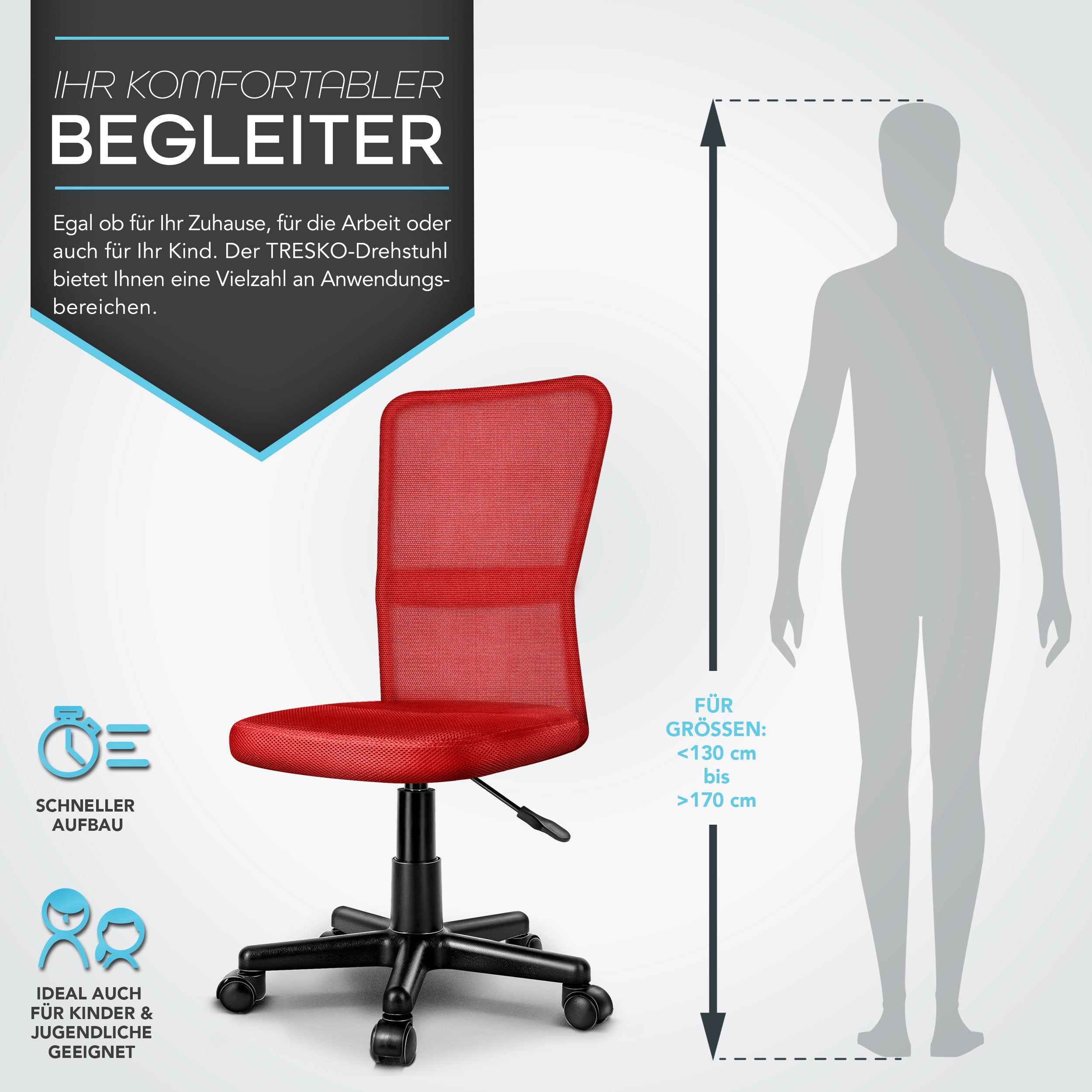 Silla de Oficina TRESKO® con Reposabrazos, Altura Ajustable Continua | Silla Giratoria de Malla Transpirable | Silla de Escritorio con Ruedas de Plástico Ligeras, Superficie Acolchada, Ajuste Ergonómico | Silla de Ordenador Ideal para Oficina en Casa, Hab