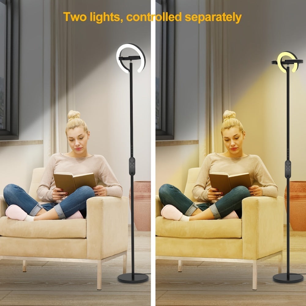 Lámpara de pie para sala de estar, 36 W LED con control remoto, doble anillo giratorio de 312°, luz ajustable de 1900 K a 6500 K, 3 modos de iluminación, adecuada para lámparas de pie modernas en dormitorios, oficinas y hoteles, 192 cm, negro