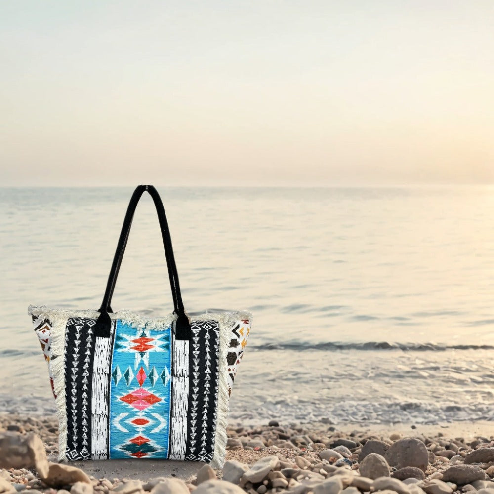 MEJORADA Bolso de playa grande con estampado bohemio, ideal para verano, con flecos de algodón, forro interior y bolsillos, 55×37×19 CM, tejido 100% poliéster