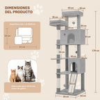 Fobyfurny Árbol para Gatos, Torre de 178cm para Gatos de Interior, Marco de Escalada para Gatos de Múltiples Niveles con Postes Rascadores, Tabla Rascadora, 2 Condominios Cómodos, 2 Perchas, Pompones, Lugar de Descanso