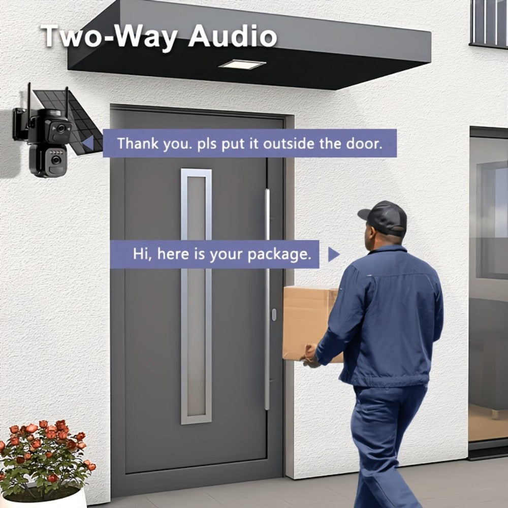 SZSINOCAM [Zoom 10x] Cámara CCTV WiFi 2K QHD de 360 grados con batería de panel solar de bajo consumo, alarma con foco, detección de movimiento, visión nocturna a color, audio bidireccional, un dispositivo = dos cámaras (cámara solar tipo bala + cámara so