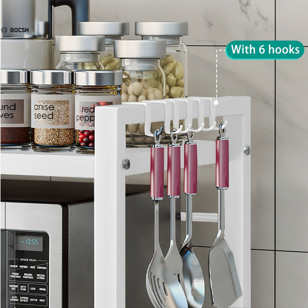 Estante para Microondas de 3 Niveles Extensible con 6 Ganchos, Estante de Cocina, Organizador de Especias, Organizador de Gabinete para Cocinas, , Extensible de 40 a 64 cm