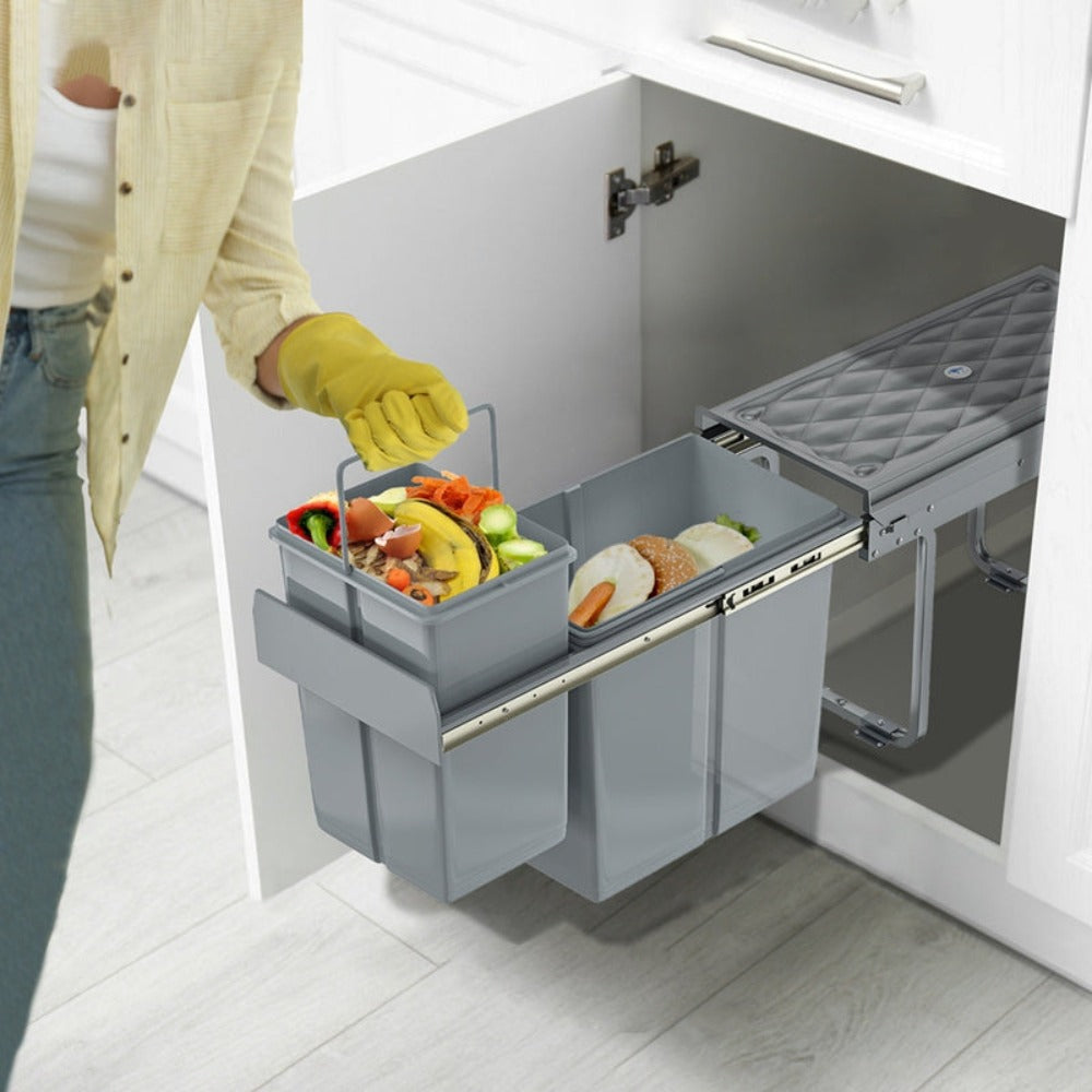 Basurero de Cocina Integrado con Rieles Telescópicos, Recogedor de Residuos Extensible para Bajo Mueble, Color Gris