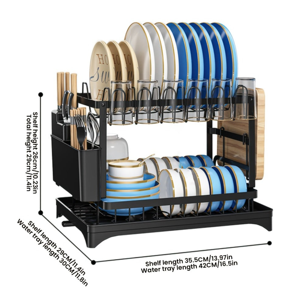 Escurridor de platos de acero al carbono de 2 niveles para encimera de cocina, escurridor de platos que ahorra espacio, con soporte para utensilios y soporte para tabla de cortar, escurridor de gran capacidad con sistema de drenaje giratorio