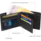 Cartera para Hombre, Cartera de Cuero Bifold con Bloqueo RFID, Cartera Delgada con Ventana para Identificación, Bolsillo con Cremallera para Monedas, 9 Ranuras para Tarjetas y 2 Compartimentos para Billetes, Cartera para Hombres con Caja de Regalo,