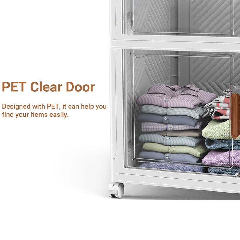 Armario de almacenamiento plegable de plástico resistente extra grande de 50 cm con puertas - Organizador plegable con movilidad de 4 ruedas, diseño de 2/3/4/5 capas, armario de suelo que ahorra espacio con puertas delanteras y superiores transparentes pa