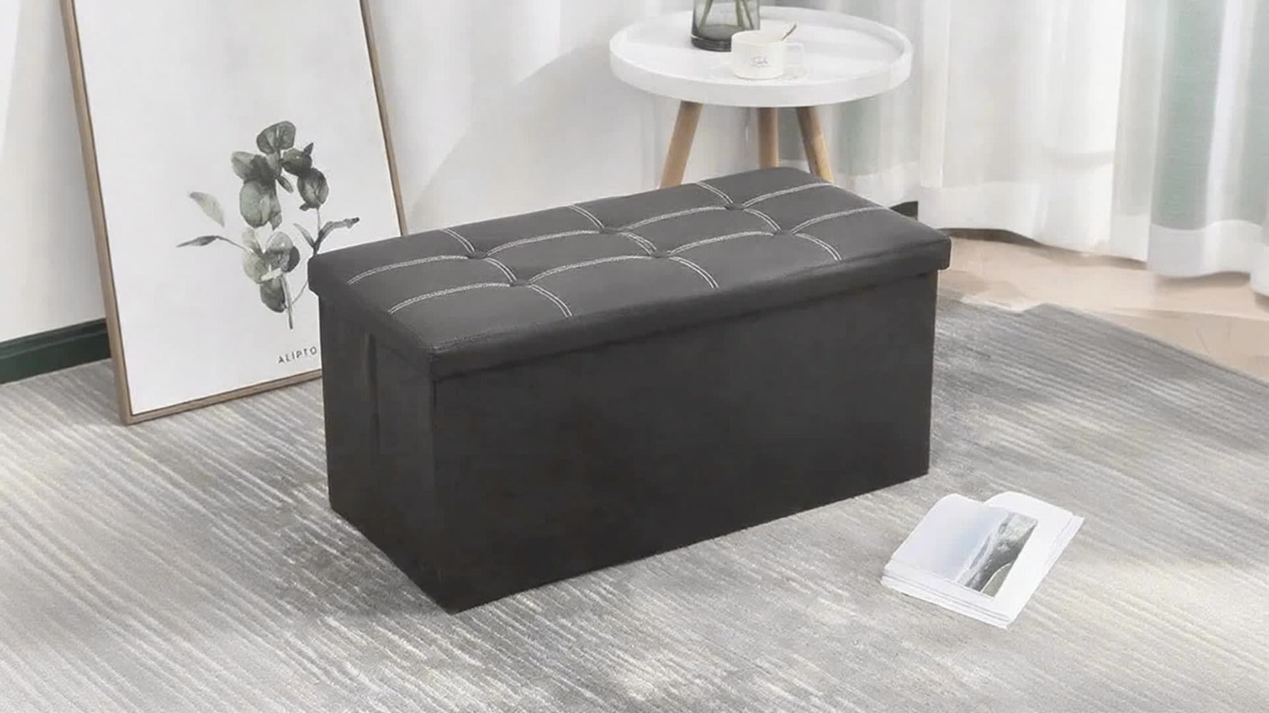 Taburete Plegable de Cuero con Doble Costura, Material de Cuero Fácil de Almacenar, Gran Capacidad de Carga Ideal para Sentarse, Taburete para Cambiar Zapatos en el Sofá, Banco de Almacenamiento, Banco Largo, Caja Taburete