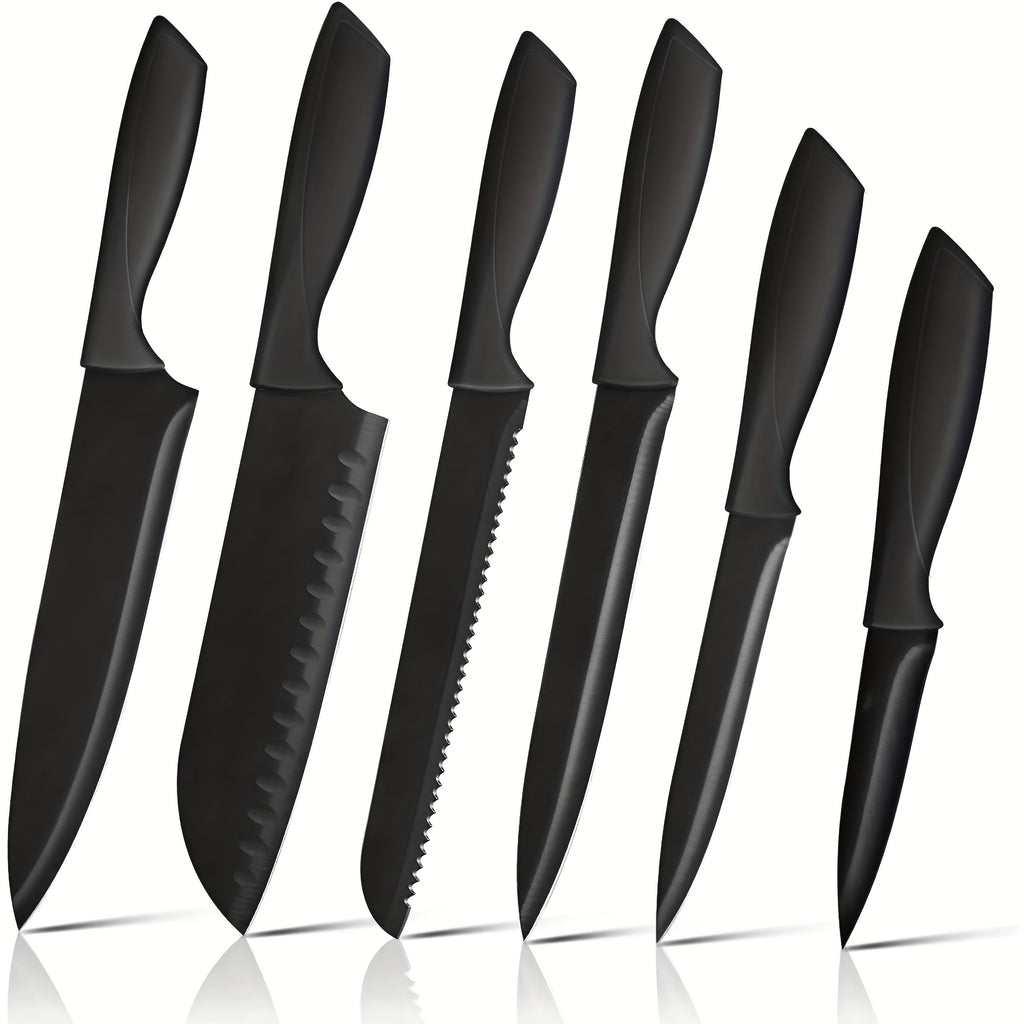 Juego de Cuchillos 6 piezas Negro, Juego de Cuchillos de Chef con Hojas Afiladas, Recubrimiento Antiadherente, Mango de Fácil Agarre, Negro