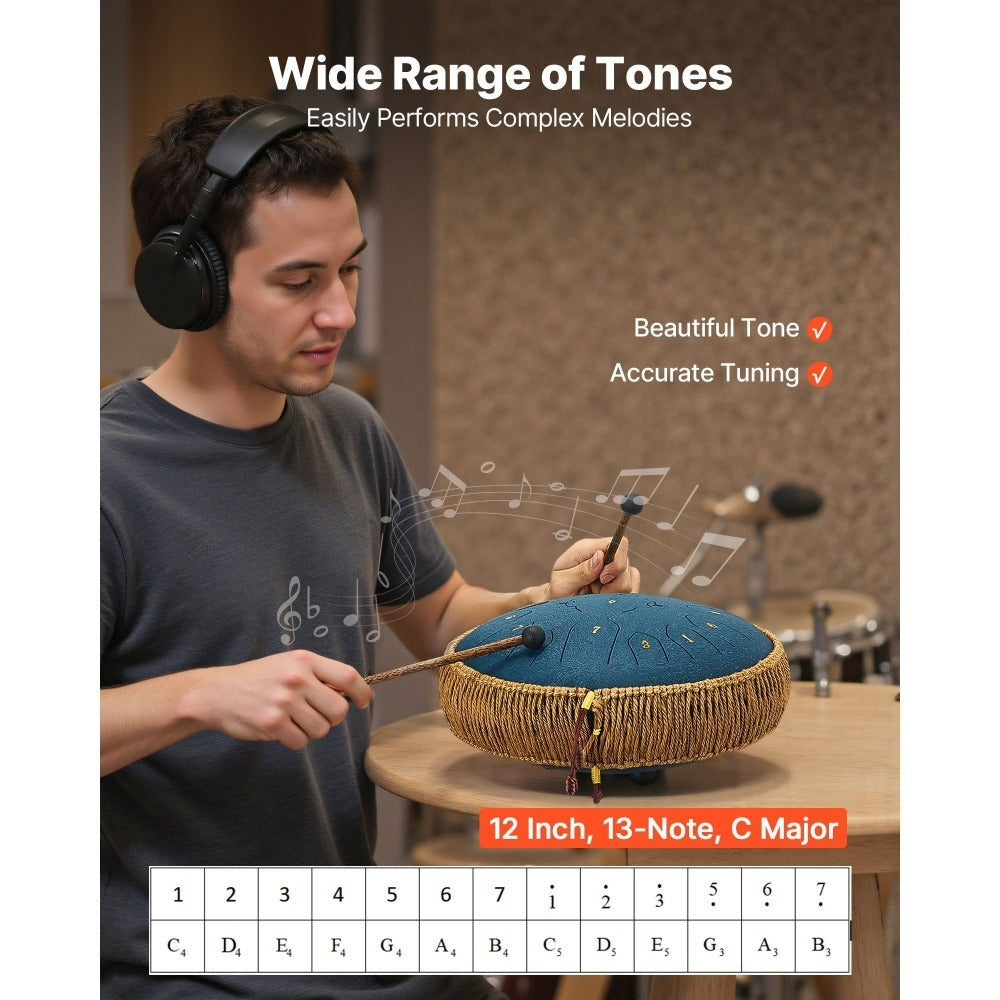 VEVOR Tambor de Lengüeta de Acero, 12 Pulgadas 13 Notas Tambor de Lluvia para Jardín Exterior, Tambores Musicales en Do Mayor con Libro de Música y Baquetas, Instrumento de Percusión para Meditación Yoga Educación Musical para Principiantes, Azul Marino