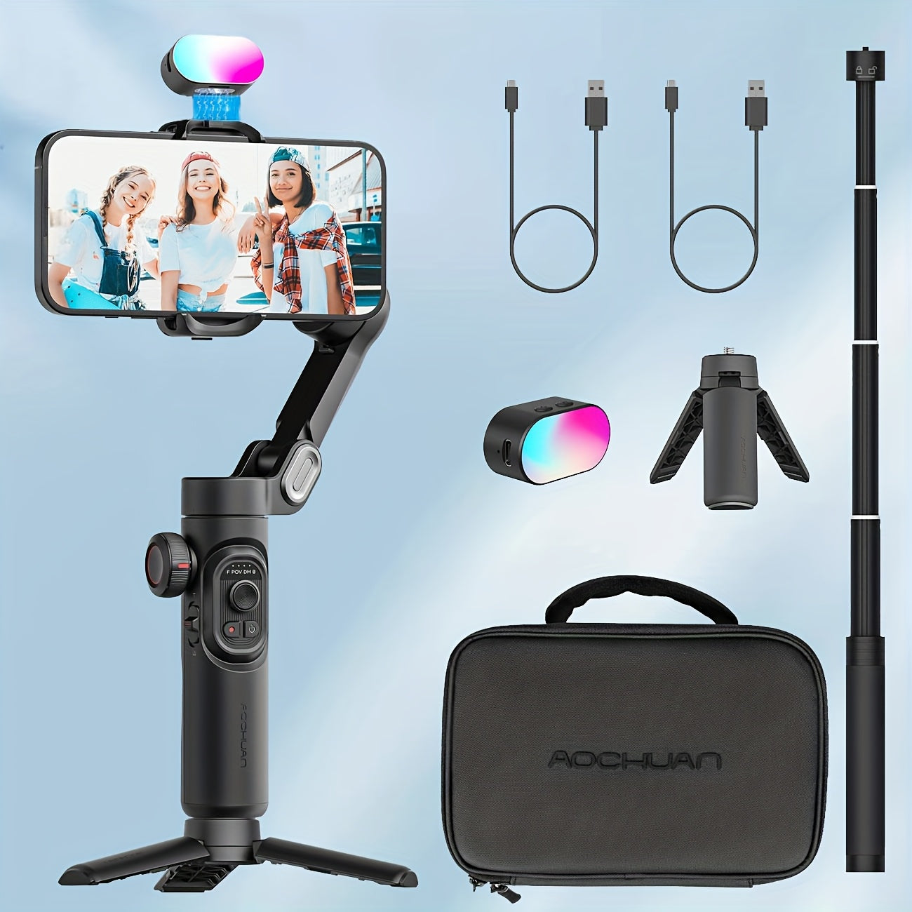 Estabilizador cardán AOCHUAN en forma de 7 de 3 ejes para smartphone, aplicación AOCHUAN, antivibración, enfoque/zoom de precisión, seguimiento de rostro/objeto, varilla plegable extensible de 73 cm, luz RGB, múltiples modos de fotografía, adecuado para v