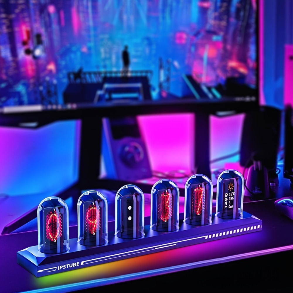 Reloj digital RGB de tubo Nixie con luz de noche y cable USB, reloj analógico IPS que brilla, compatible con calibración de hora Wi-Fi, control por aplicación, modo clima, para decorar escritorio, habitación, para regalo