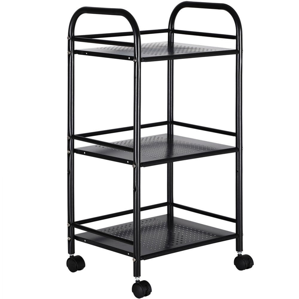 Carrito utilitario de metal BAKAJI para baño, cocina, peluquería o esteticista con 4 ruedas giratorias, 3 estantes, dimensiones 40 x 35 x 75 cm, carrito multifuncional de 3 niveles (negro)
