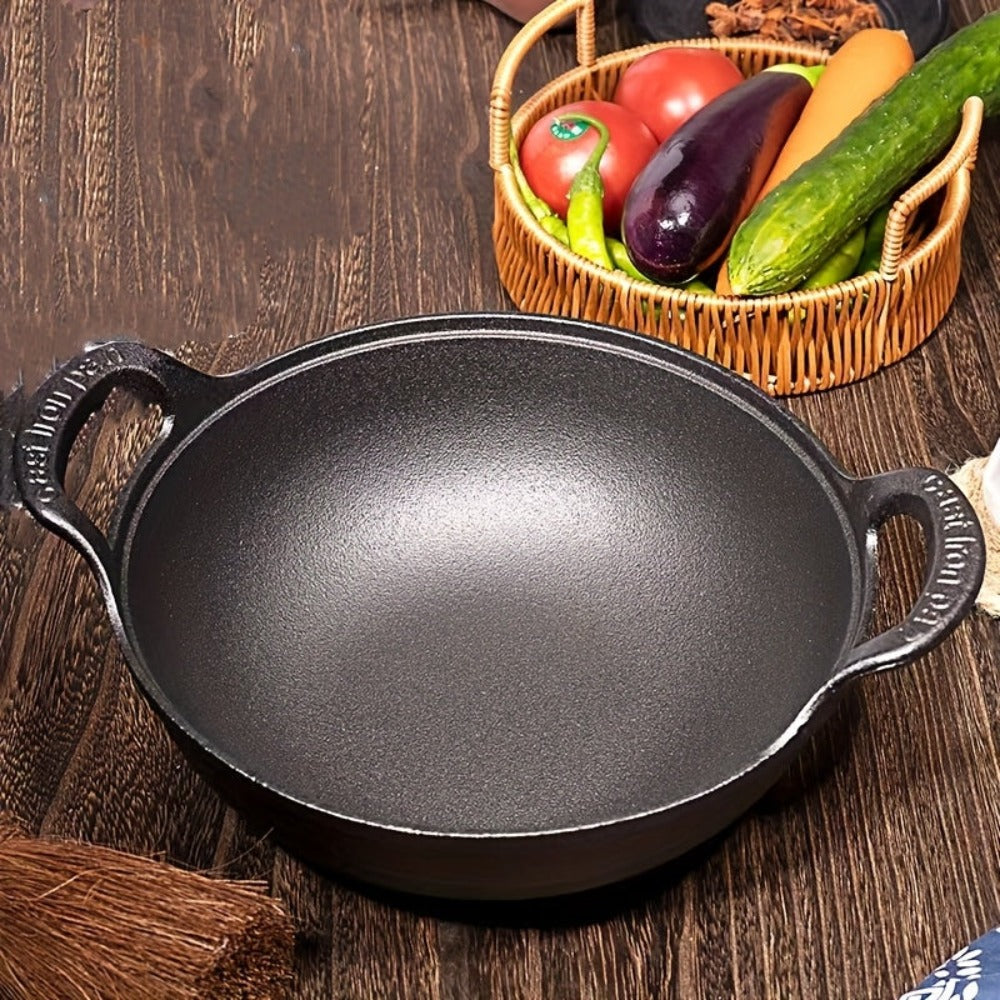Wok de hierro fundido de 7.87 pulgadas con mango de anillo — Wok pre-temperado con revestimiento antiadherente y fondo plano, apto para placas de inducción, estufas de gas, estufas eléctricas, hornos y parrillas. Incluye una tapa. Ideal para camping inter