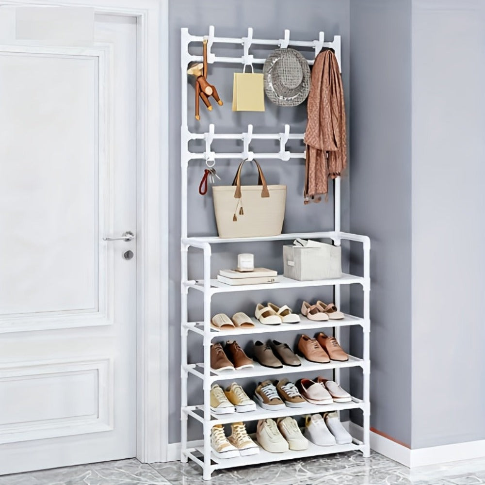 Organizador de Zapatos - Perchero Ahorrador de Espacio, Estante de 5 Niveles con 8 Ganchos, Estructura Robusta de Metal Dorado/Plástico, Diseño Independiente o Montado en Pared para Hogar, Oficina y Tienda - Ideal para Almacenar Zapatos, Abrigos, Sombrero