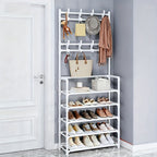 Organizador de Zapatos - Perchero Ahorrador de Espacio, Estante de 5 Niveles con 8 Ganchos, Estructura Robusta de Metal Dorado/Plástico, Diseño Independiente o Montado en Pared para Hogar, Oficina y Tienda - Ideal para Almacenar Zapatos, Abrigos, Sombrero