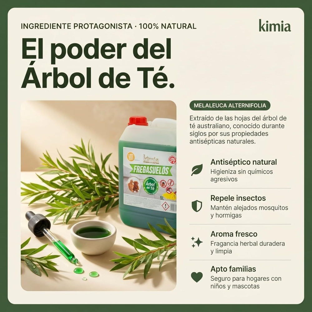 KIMIA - Fregasuelos Concentrado Profesional 5L | Limpiasuelos Mascotas | Friegasuelos Concentrado con Esencia de Arbol de Té | Especial Perros y Gatos | Todo Tipo de Superficies | Limpieza Profunda | Sin Aclarado