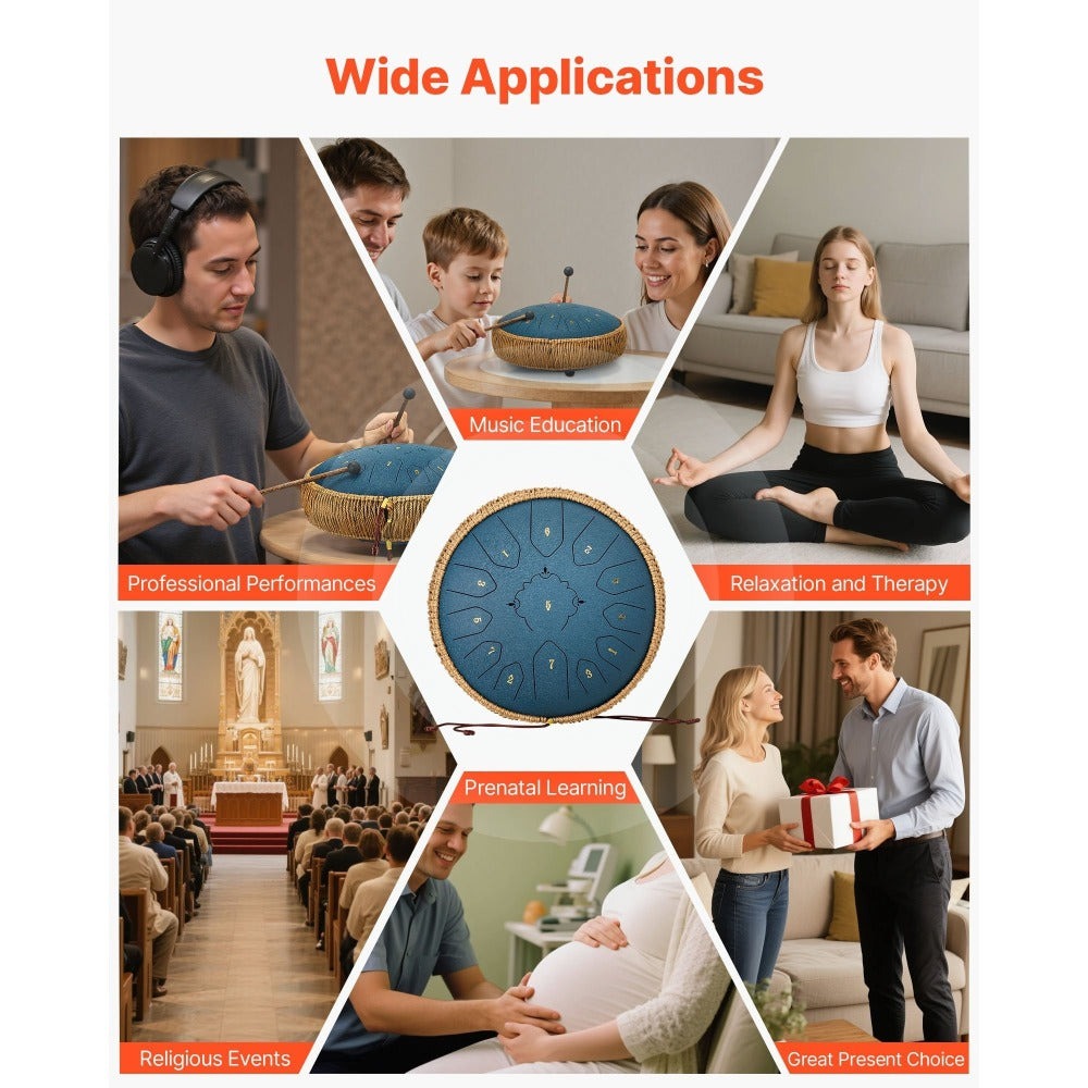 VEVOR Tambor de Lengüeta de Acero, 12 Pulgadas 13 Notas Tambor de Lluvia para Jardín Exterior, Tambores Musicales en Do Mayor con Libro de Música y Baquetas, Instrumento de Percusión para Meditación Yoga Educación Musical para Principiantes, Azul Marino