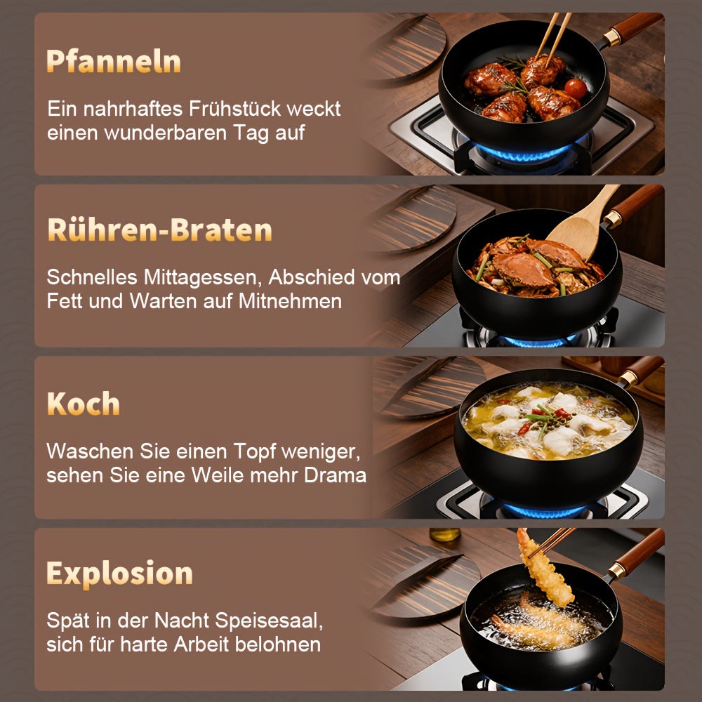 Sartén de hierro fundido duradera, fondo redondo, sartén de hierro forjado sin recubrimiento, fácil de limpiar, apta para estufas de inducción y gas, utensilios de cocina multifuncionales, apta para el hogar, restaurante y camping al aire libre, incluye t