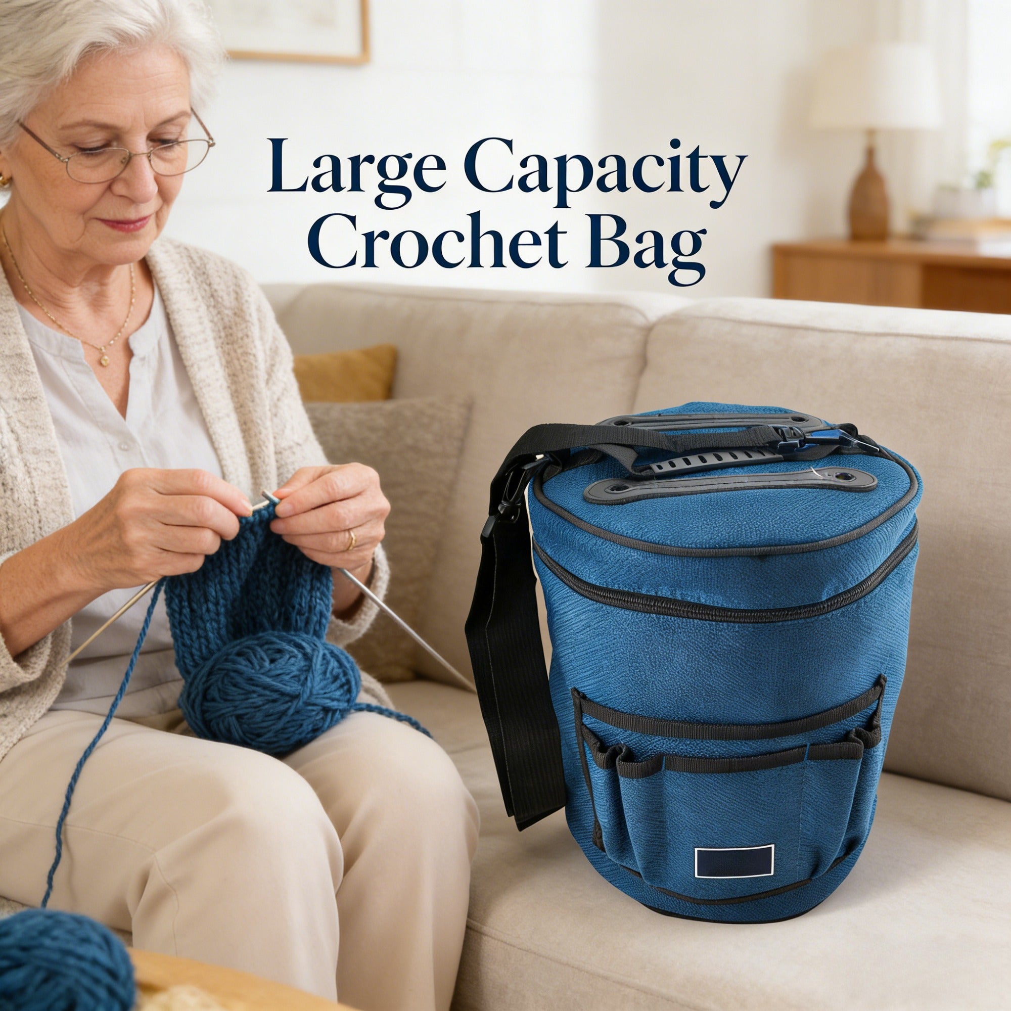 Bolso de Ganchillo Grande XL con Organizador de Hilos para 7 - Tote Portátil para Manualidades, Ideal para Suministros de Tejido y Crochet, Bandolera, Bolsa de Almacenamiento de Hilos para Patrones de Tejido, Ganchos, Agujas, Tela para Aficionados y Artes