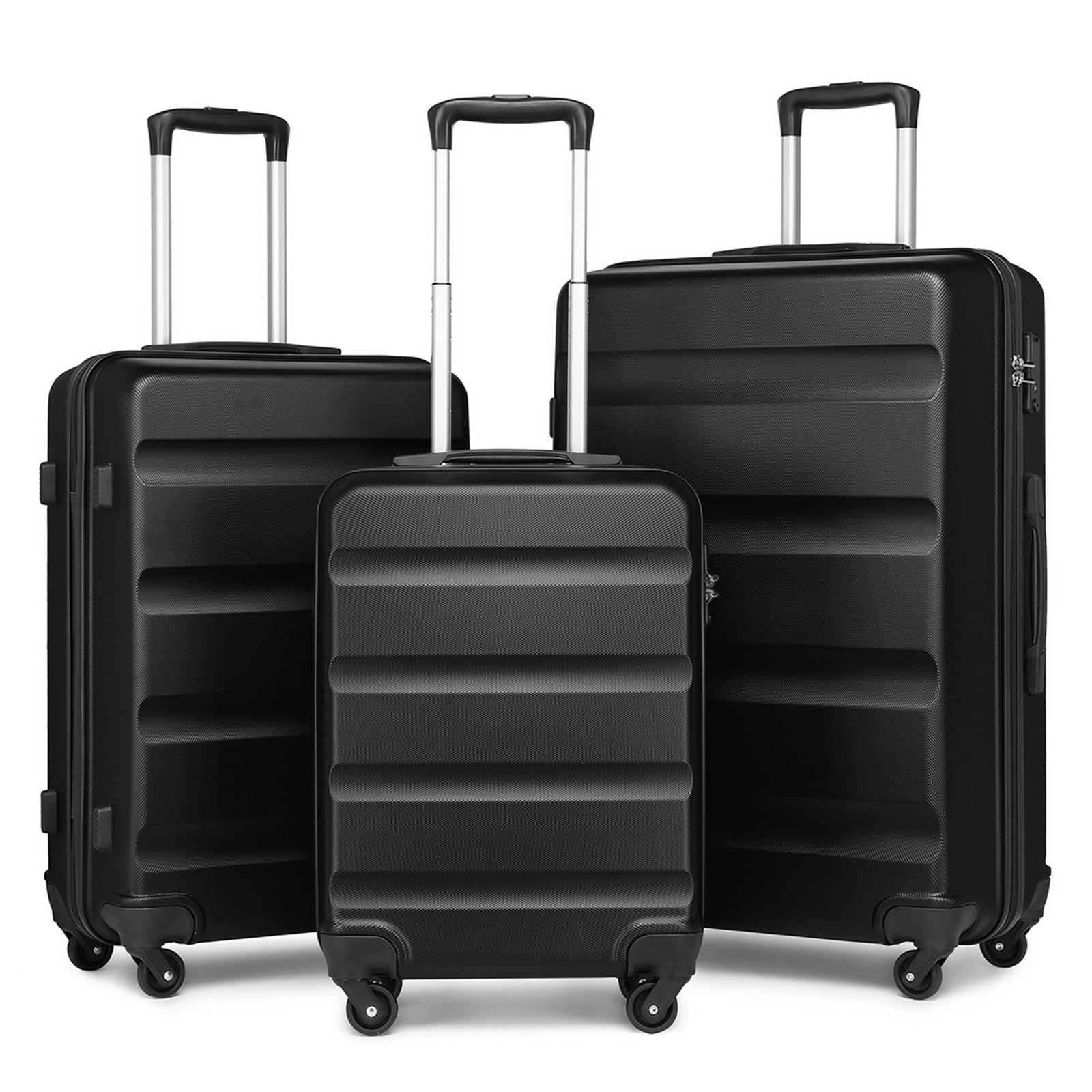 3 piezas de conjunto de maleta negra Diseño horizontal ABS carcasa dura con cerradura TSA rueda giratoria