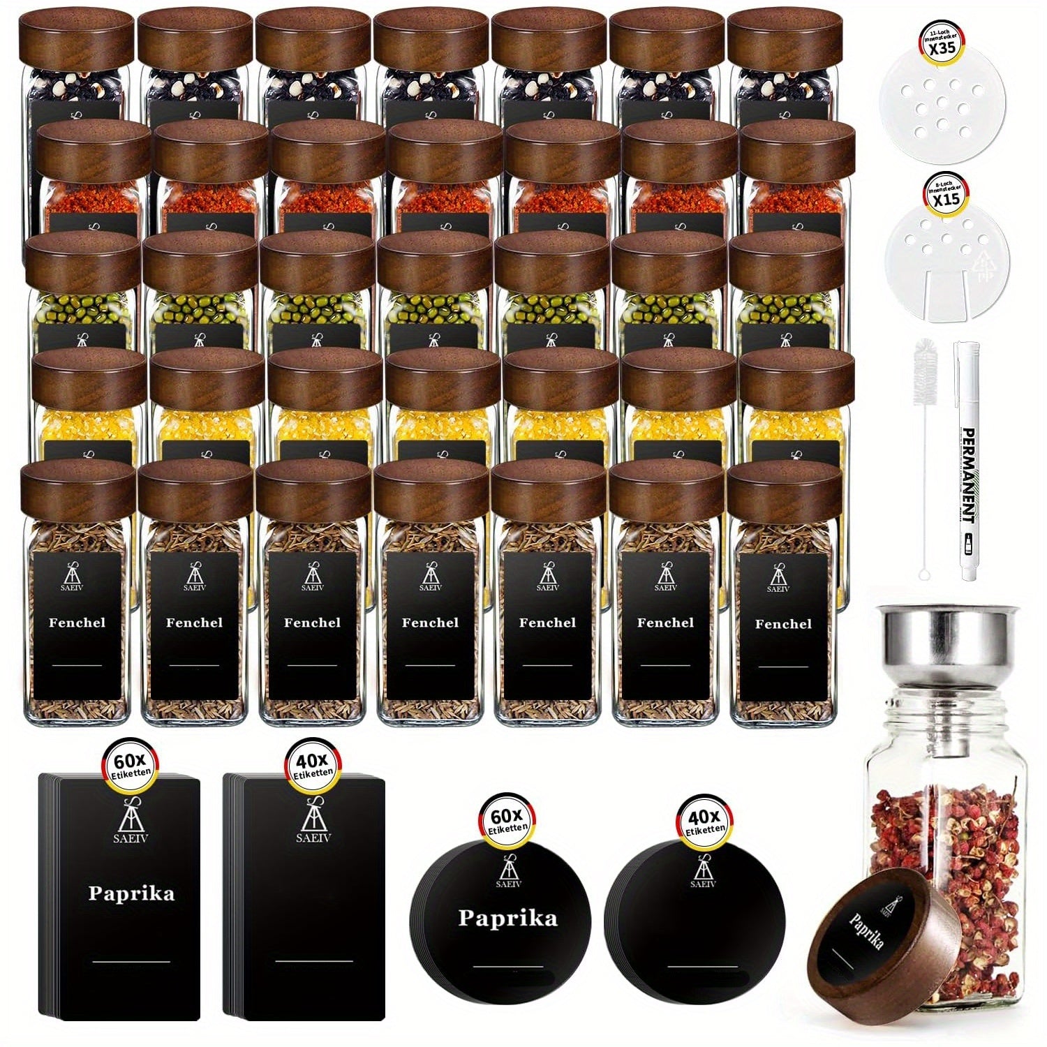 Paquete de 12/24/35 Tarros Cuadrados para Especias de 120ml con Tapas de Madera de Acacia | Recipientes de Vidrio Borosilicato, Etiquetas Integradas y Dispensador Agitador | Tarros Premium para Almacenar Hierbas en la Cocina, Condimentos
