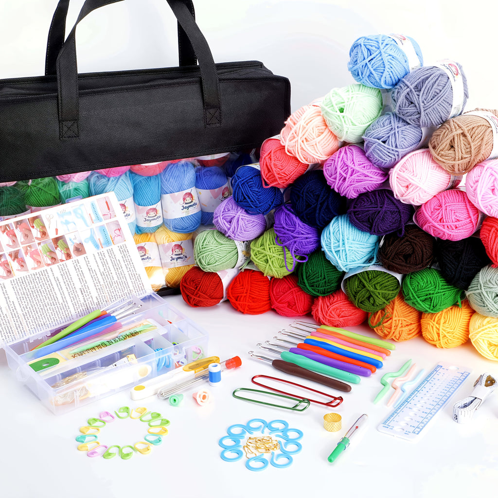 Kit de croché de 40/113 piezas con juego de hilos de 1828.8 metros surtidos para tejer y crochetear, juego de 73 accesorios de croché que incluye ganchillos ergonómicos, agujas de tejer y más, kit ideal para principiantes