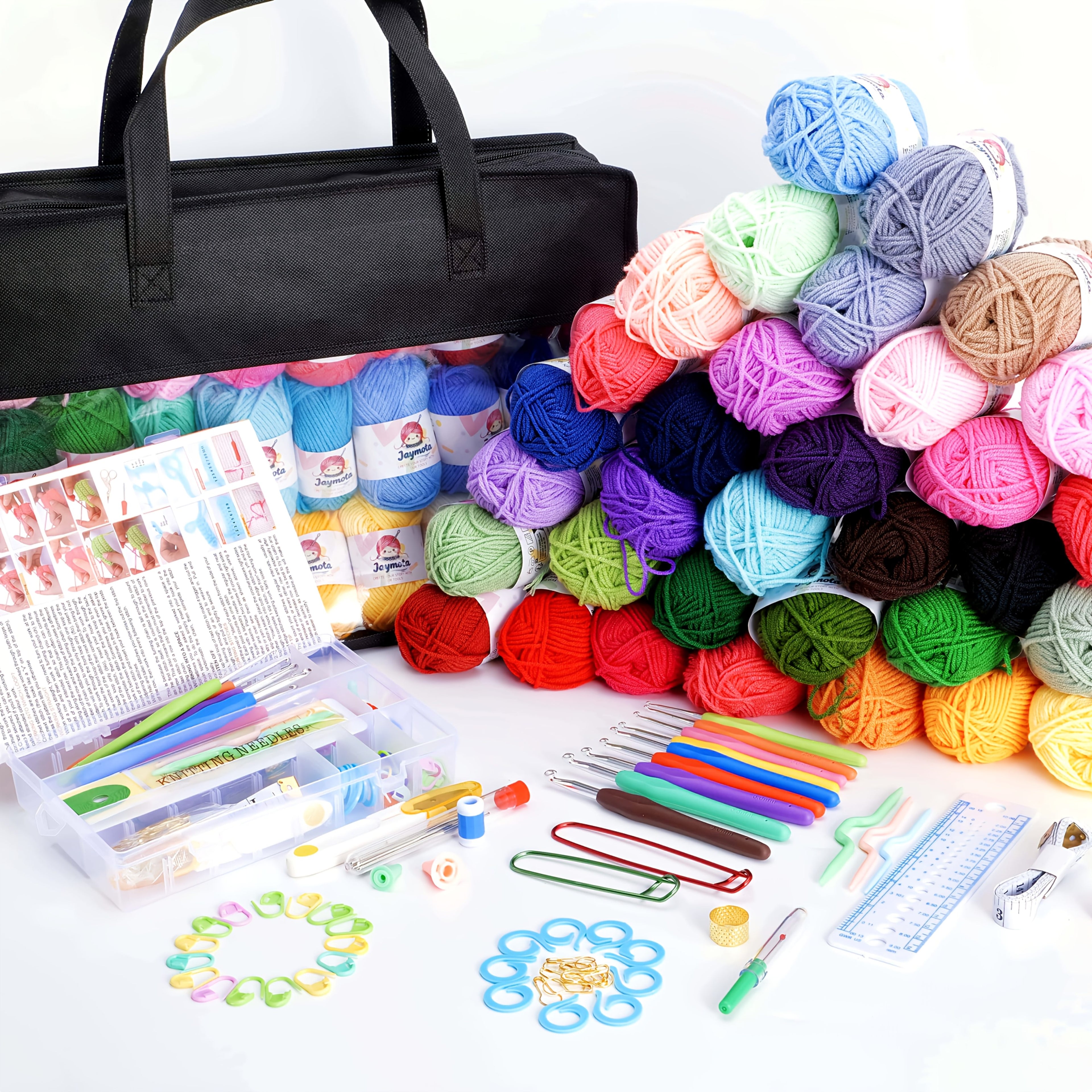 Kit de croché de 40/113 piezas con juego de hilos de 1828.8 metros surtidos para tejer y crochetear, juego de 73 accesorios de croché que incluye ganchillos ergonómicos, agujas de tejer y más, kit ideal para principiantes
