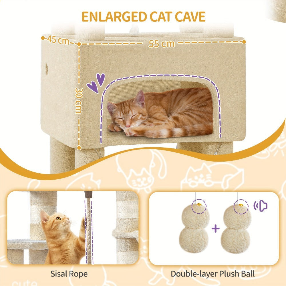 Árbol para gatos, Árbol para gatos de 176 cm, XL, 3 plataformas, 2 cuevas, 7 postes rascadores, hamaca, pelotas de felpa, poste rascador para gatos para hogares con múltiples gatos, Beige